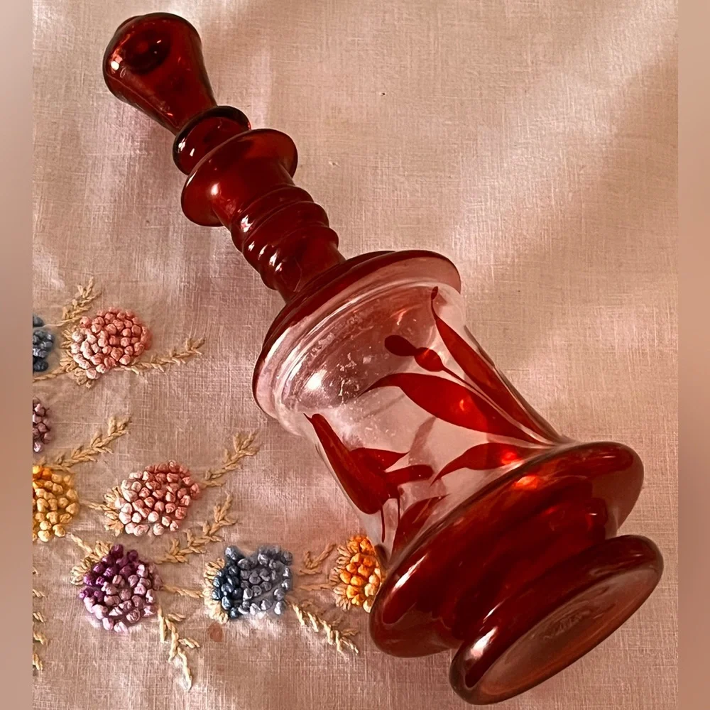 Vintage Ruby Red Decanter with Stopper Bohemian Style Glass Floral Etched Design